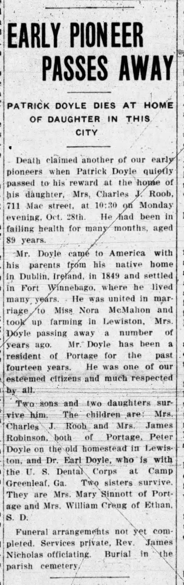 Early Pioneer Passes Away - Obituary for Patrick Doyle